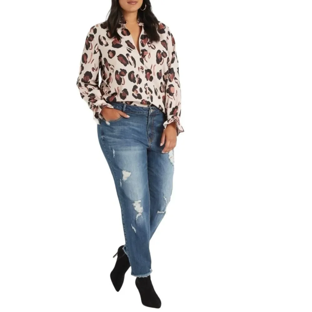 Eloquii Leopard Printed Button Down Shirt with Ruffle Neck - Picture 2 of 6